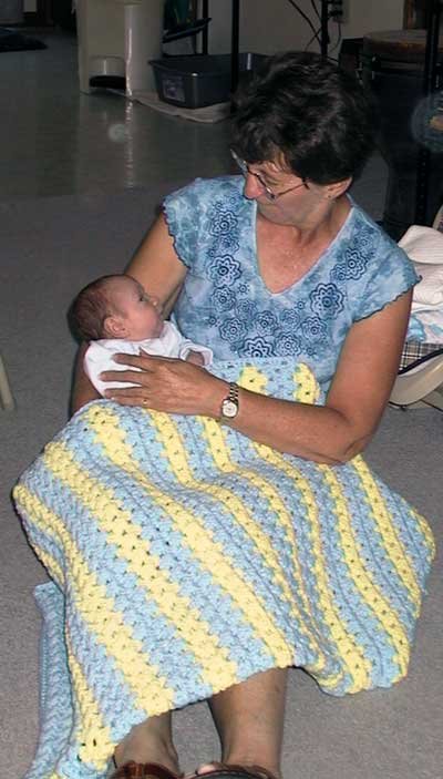 Toby and Great Aunt Sharon check out his new blankie